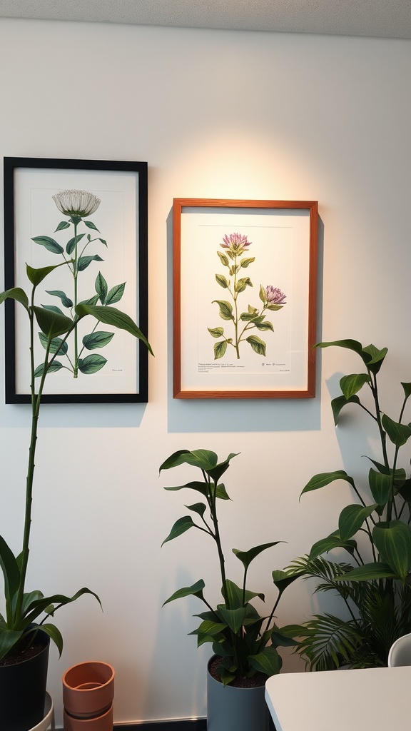 Framed botanical prints on a wall with potted plants below