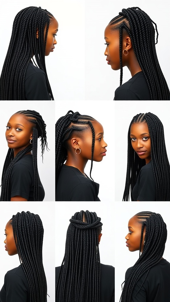 Collage of different box braid hairstyles showcasing versatility in styling