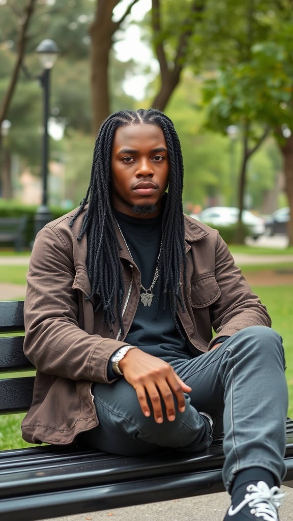 A man with box braids sitting on a bench in a park.