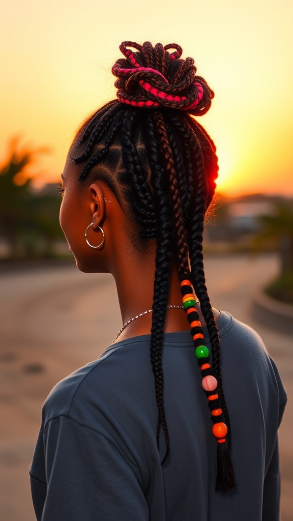 A woman with a high ponytail made of box braids, adorned with colorful beads, set against a sunset backdrop.