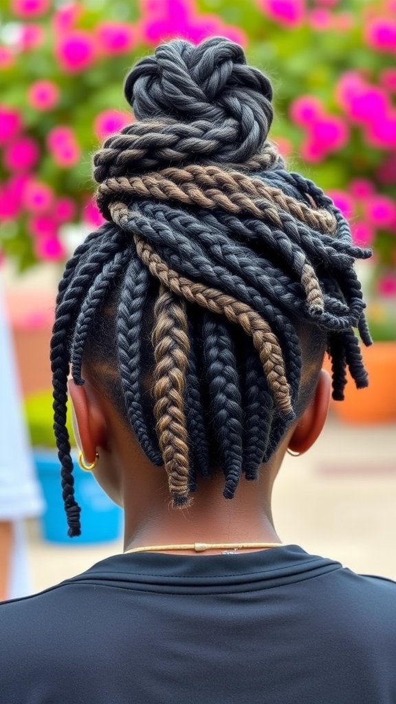 A high bun hairstyle featuring box braids, showcasing a stylish and practical look.