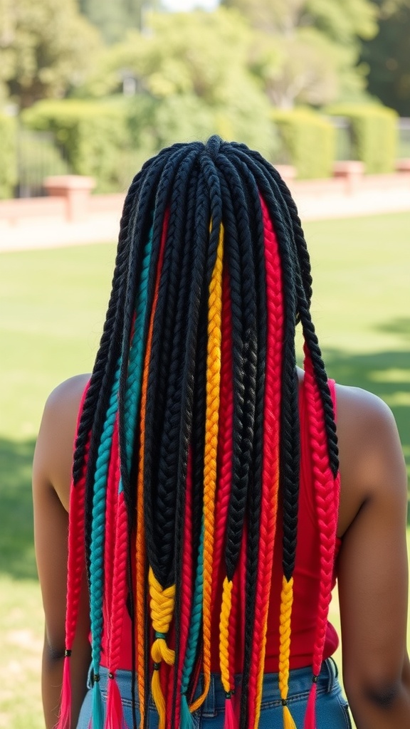 Long box braids in black, red, yellow, and teal, styled with a vibrant and playful look.