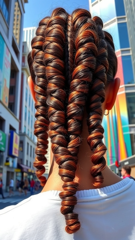 A person with tightly curled box braids styled in a vibrant outdoor setting.