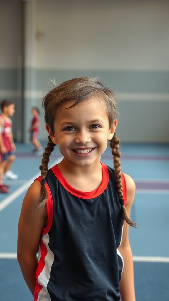 A boy with boxer braids smiling, ready for sports activities.