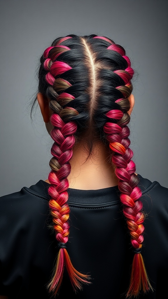 A close-up view of two boxer braids featuring a vibrant ombre of pink and orange colors against a dark base.