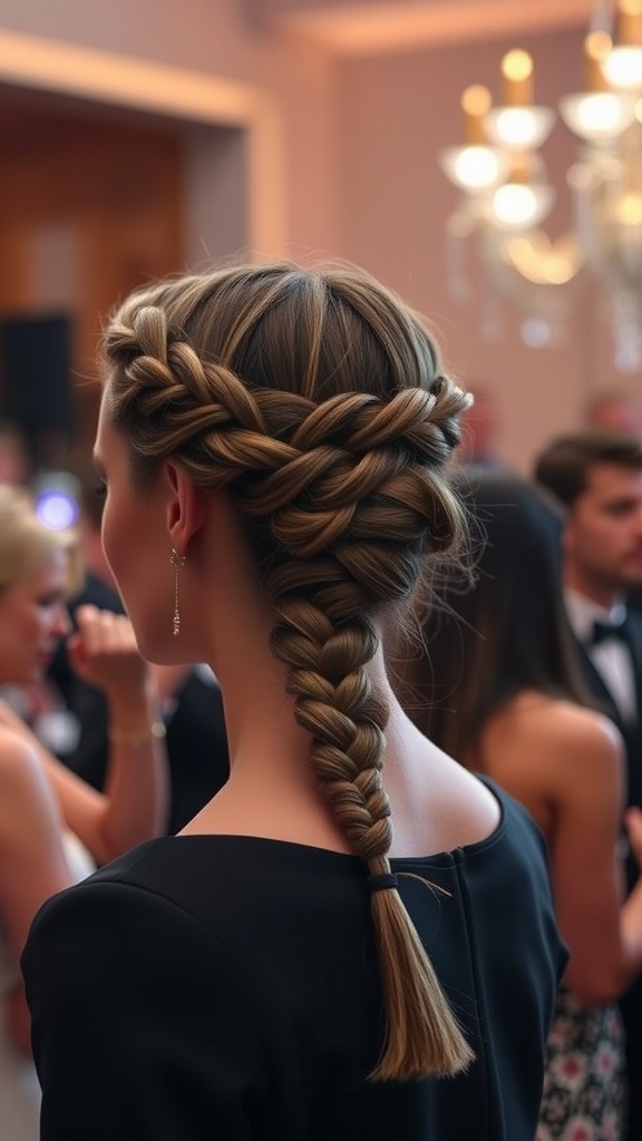 A woman showcasing a braid crown hairstyle at a formal event