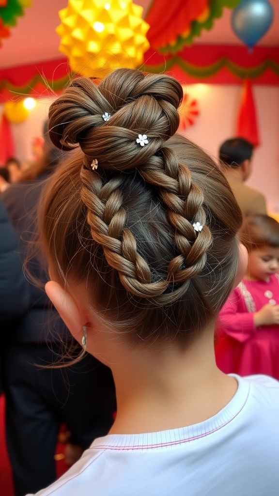 A braided bun hairstyle for kids with braids and small white flowers