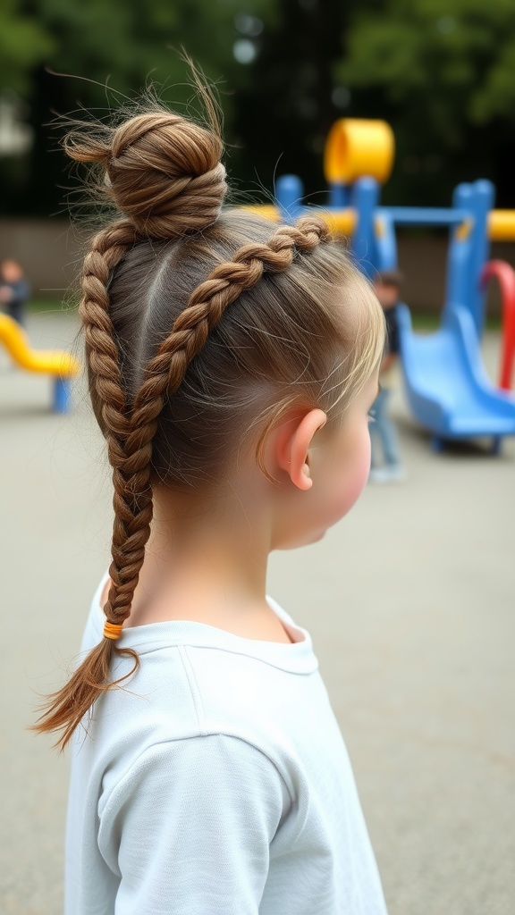 A young girl with a braided bun and twists, showcasing a playful hairstyle at a playground.