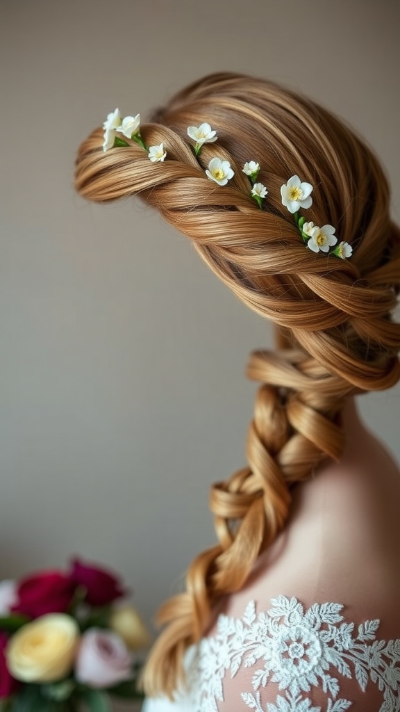 A woman with a braided crown hairstyle adorned with white flowers