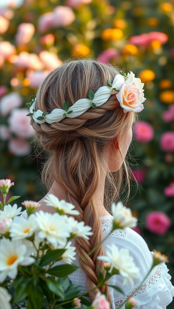 A woman with a braided crown hairstyle featuring flowers, set against a colorful floral background.