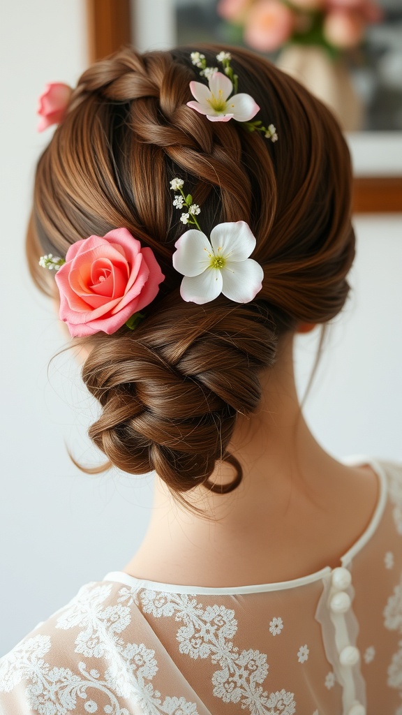A woman with short hair styled in a braided crown, adorned with pink roses and white flowers.