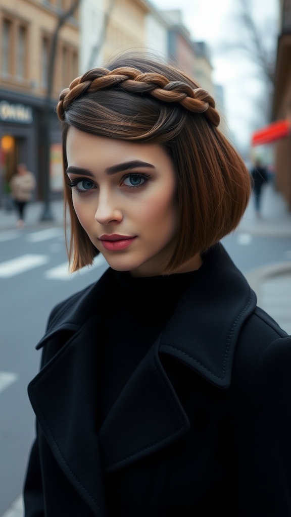 A woman with a bob hairstyle featuring a braided crown, standing on a city street.