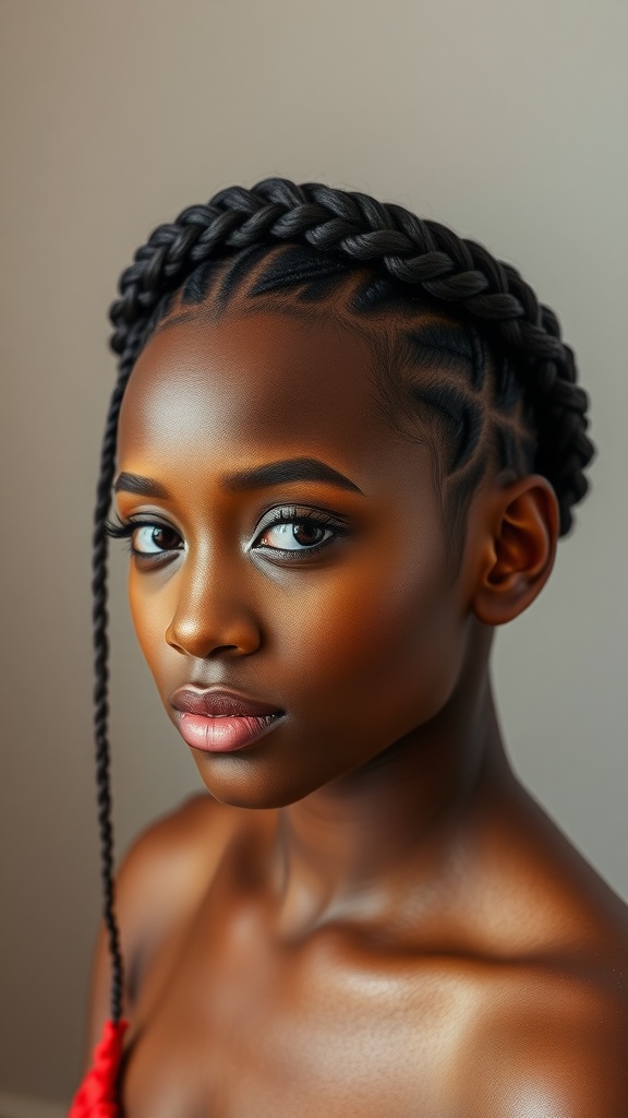 A model showcasing a braided crown short weave hairstyle with intricate braids framing the face.