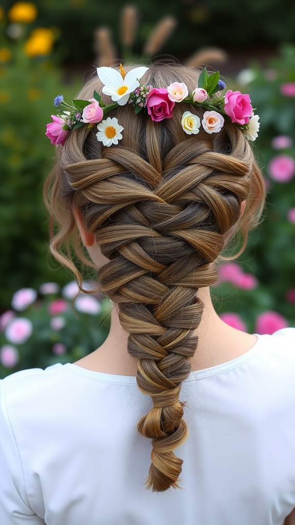 A woman with medium-length hair styled in a braided crown updo, adorned with pink and white flowers.