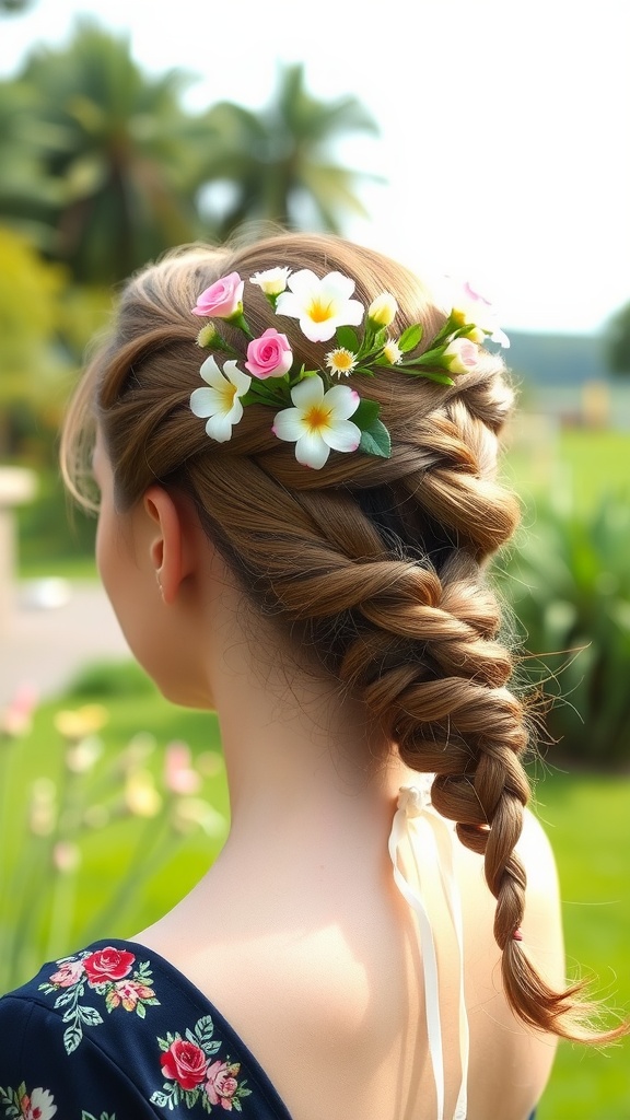 A beautiful braided crown updo with flowers, showcasing an elegant hairstyle.