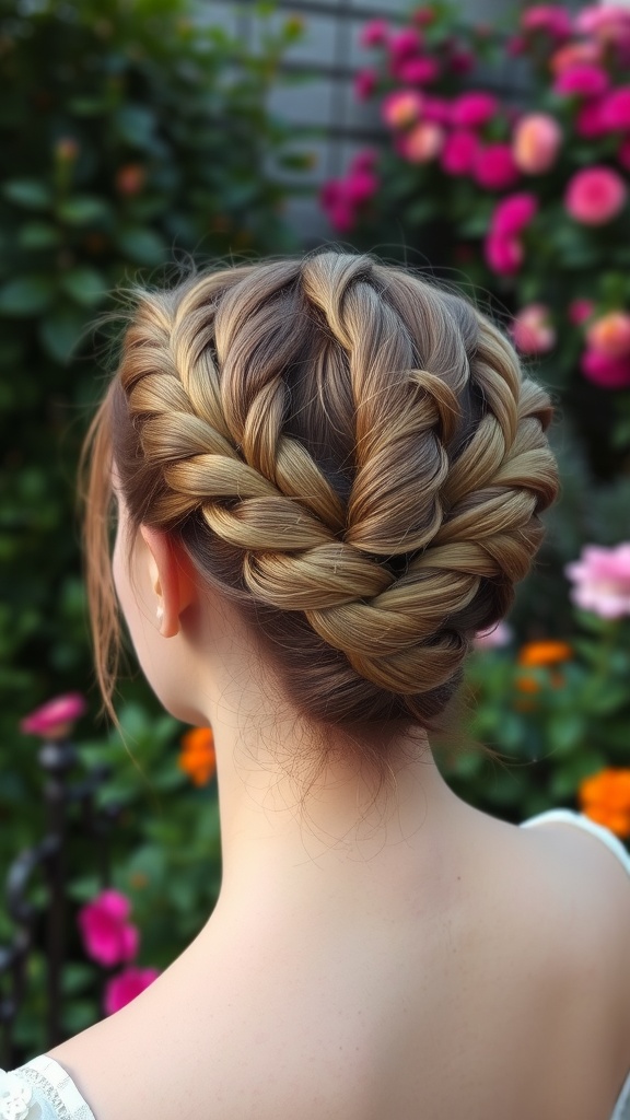 A woman with a braided crown updo hairstyle, set against a background of colorful flowers.
