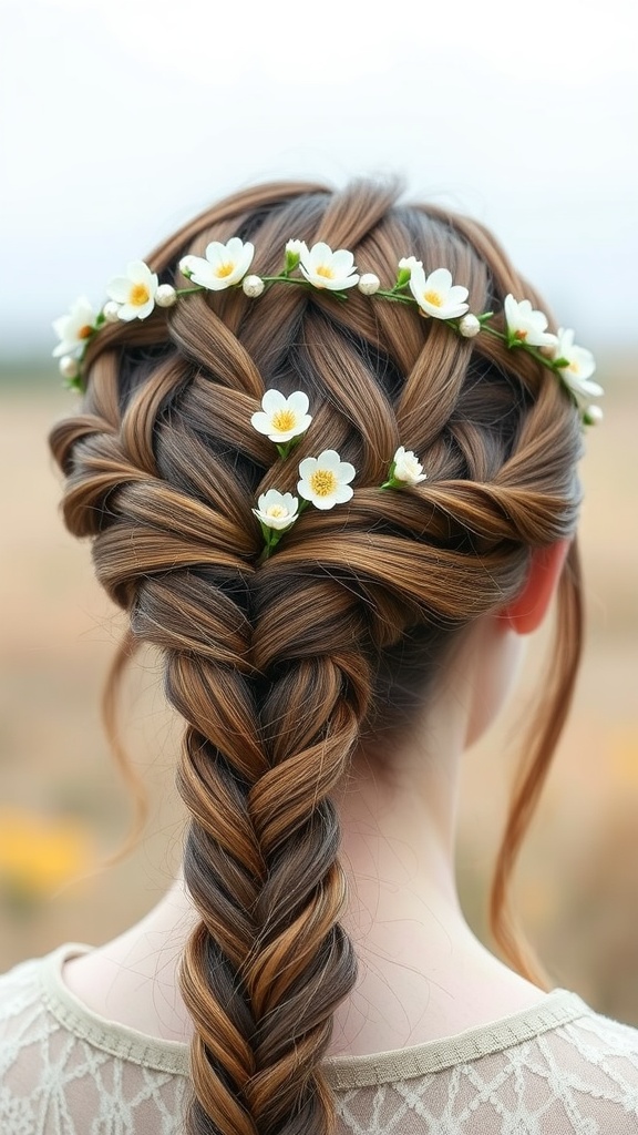 A woman with a braided crown hairstyle adorned with white flowers