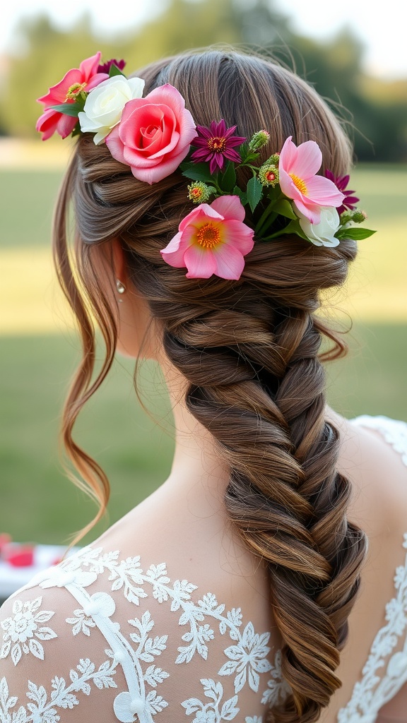 A close-up of a woman with a braided crown hairstyle adorned with colorful flowers, showcasing elegance and beauty.