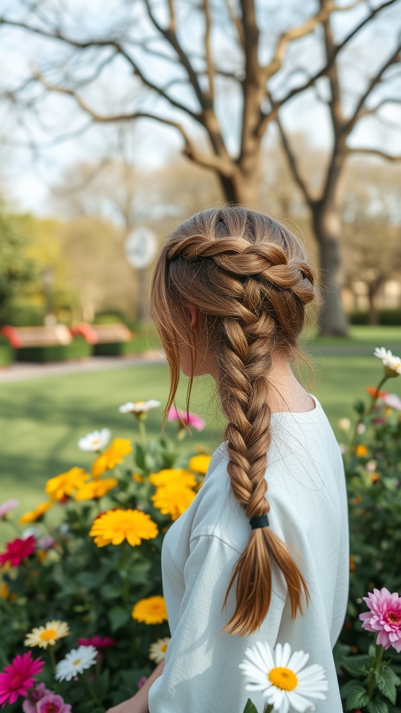 A girl with a braided crown hairstyle, standing in a garden filled with colorful flowers.