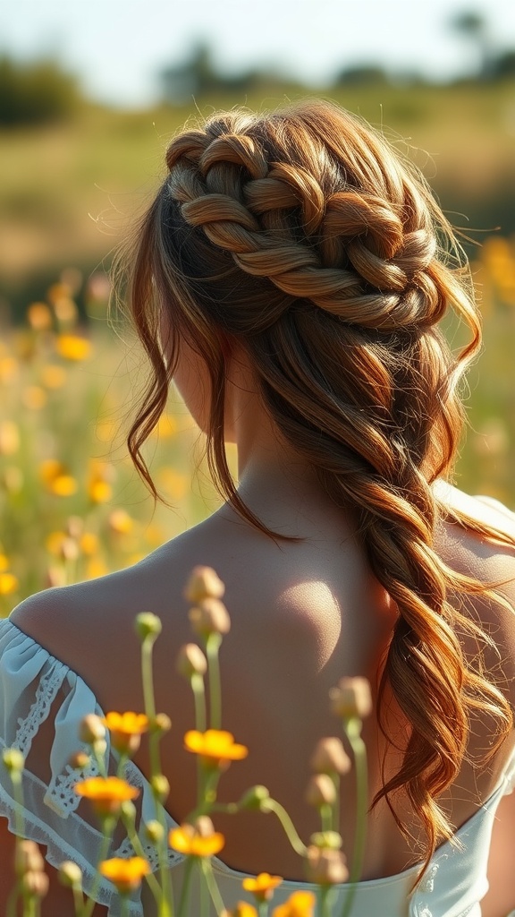 A beautiful braided crown hairstyle with loose waves, set against a field of flowers.