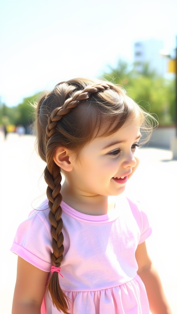 A toddler with a braided crown hairstyle and a ponytail, smiling in a pink dress.