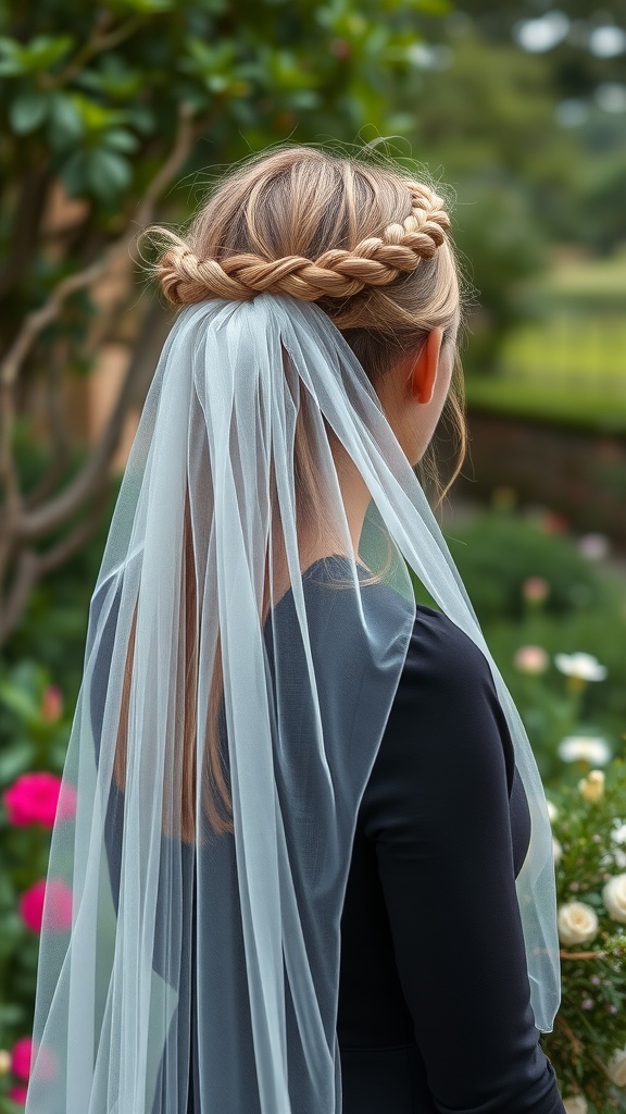A bride with a braided crown hairstyle and a flowing veil, showcasing a graceful and romantic look.