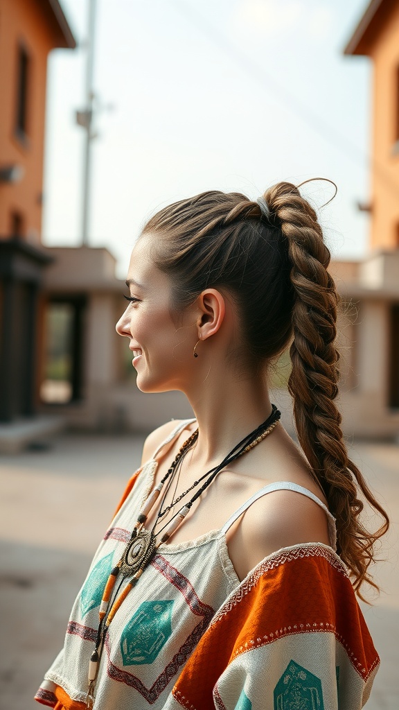 A young woman with a braided curly ponytail, wearing a colorful top, smiling in an outdoor setting.