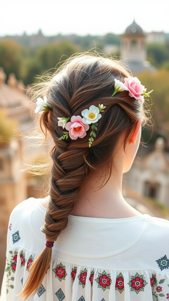 A woman with a braided faux ponytail decorated with flowers, showcasing a bohemian hairstyle.