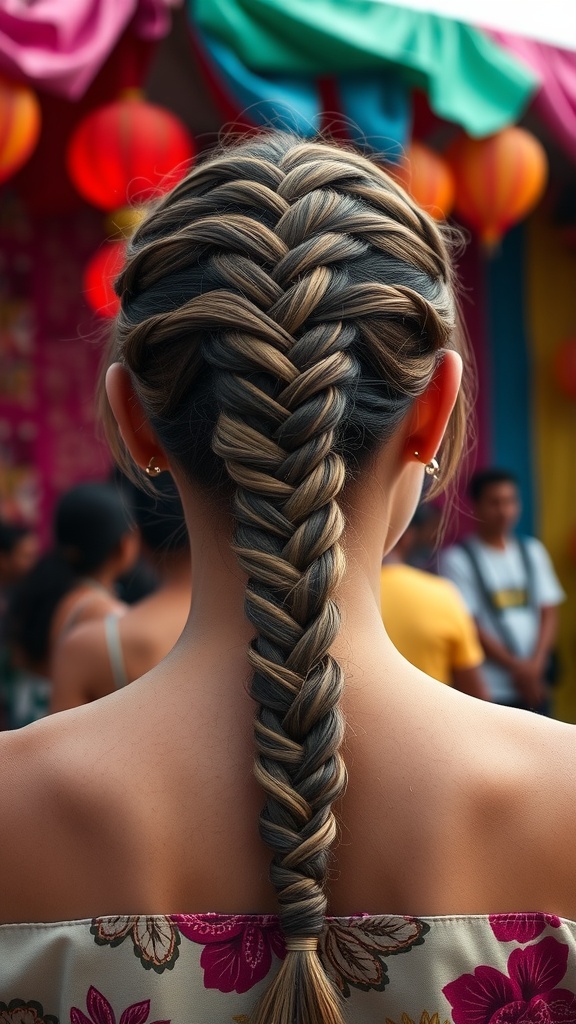 A close-up view of a braided hairstyle transitioning into a ponytail, set against a colorful background with lanterns.