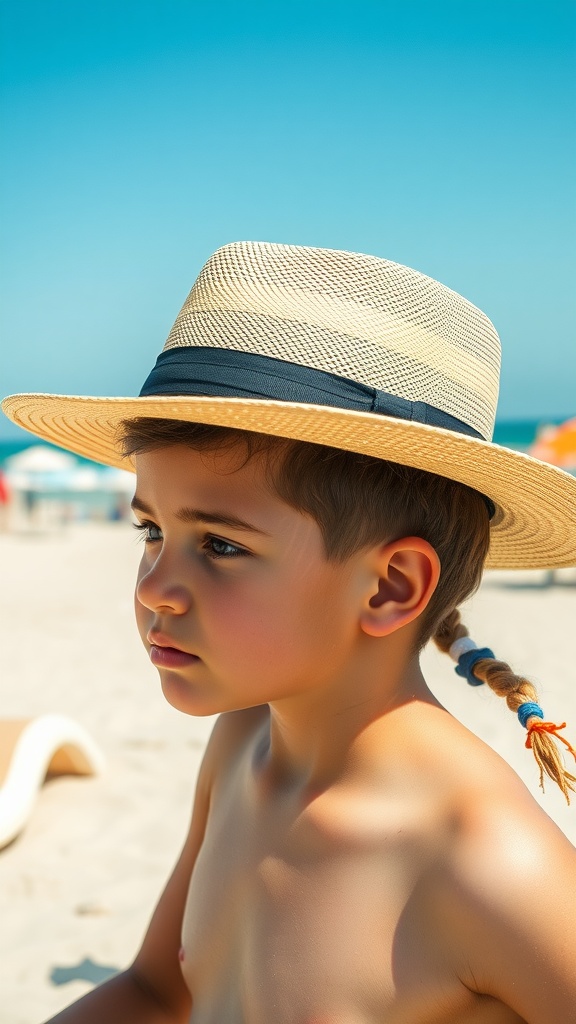 Young boy with braided hair wearing a straw hat at the beach