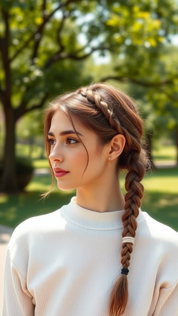 A young woman with a braided hairband hairstyle in a natural outdoor setting.