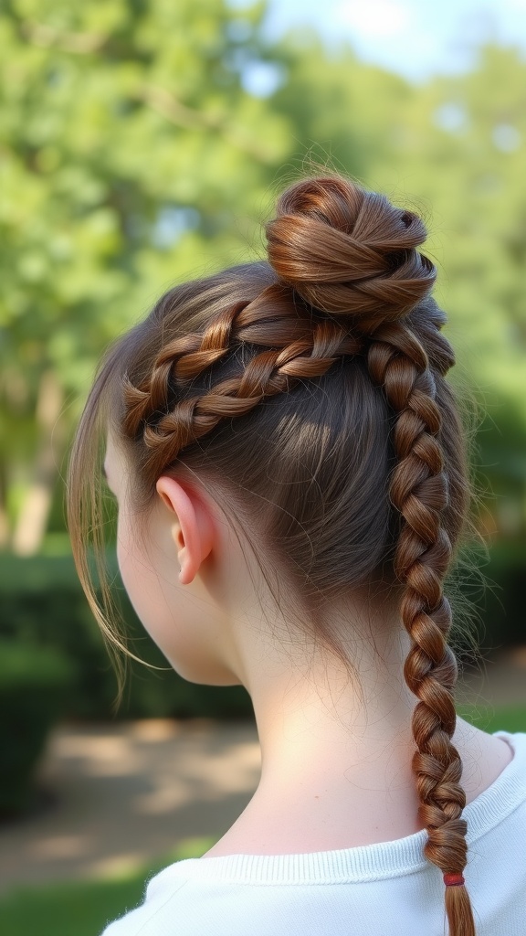 A girl with a braided half-up bun hairstyle, showcasing a neat top bun and a single braid, surrounded by greenery.