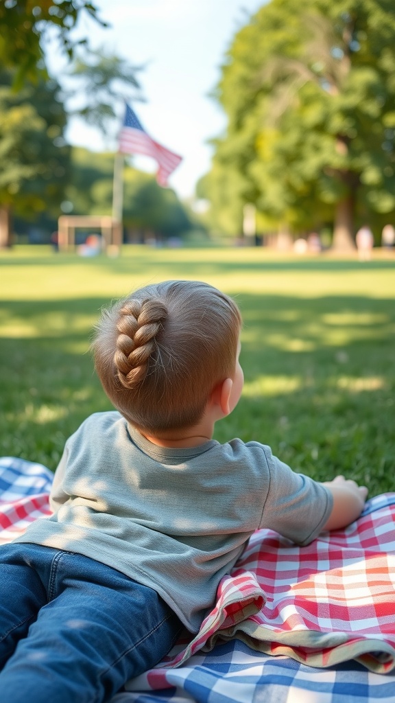 A boy with a braided hairstyle lying on a picnic blanket in a park.
