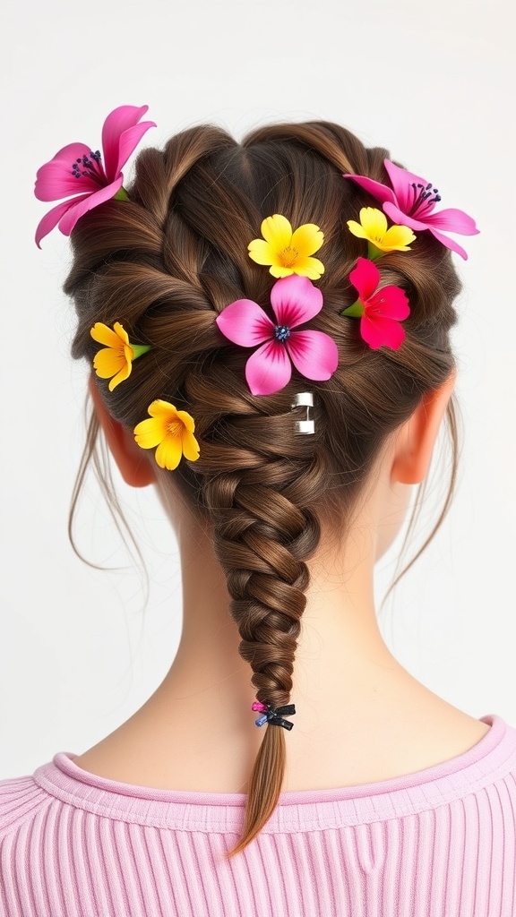 A braided half up hairstyle with colorful flowers