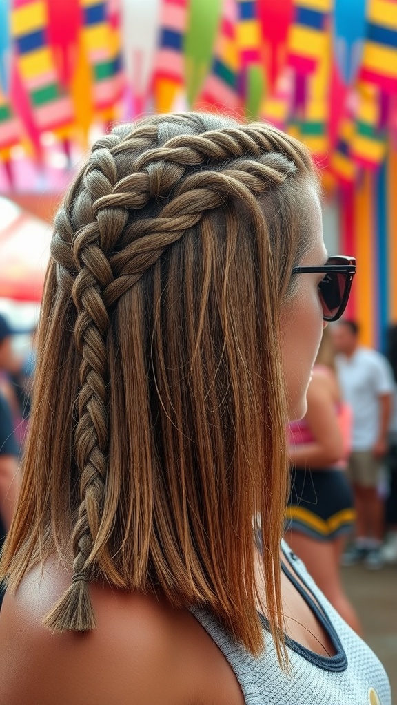 A woman with a braided long bob hairstyle, sporting sunglasses and a stylish outfit, set against a colorful background.