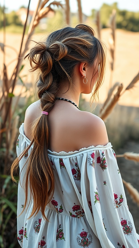 A young woman with a braided messy ponytail, wearing a floral off-shoulder top, standing in a natural setting.