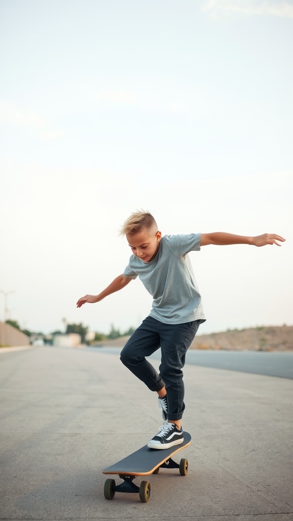 A young boy with a braided mohawk hairstyle, skateboarding on a smooth surface, showcasing a stylish and sporty look.