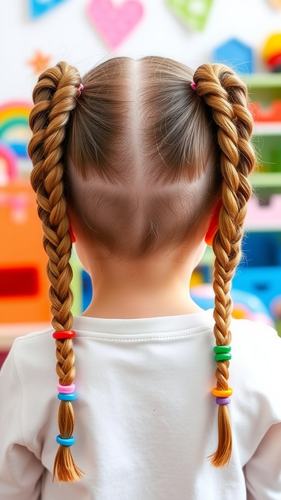 A child's head with braided pigtails, each decorated with colorful beads.