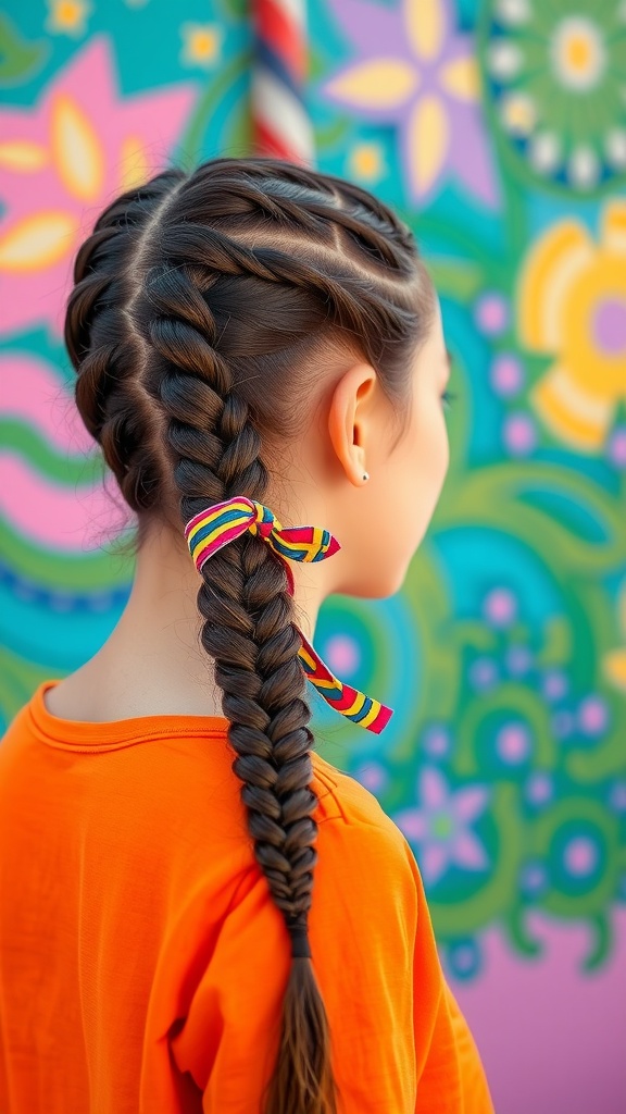 A girl with braided ponytails adorned with a colorful ribbon, standing against a vibrant floral backdrop.
