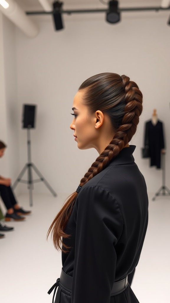A model showcasing a chic braided ponytail hairstyle.