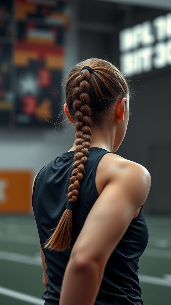 A person with a braided ponytail in a sports setting, wearing a sleeveless dark top.