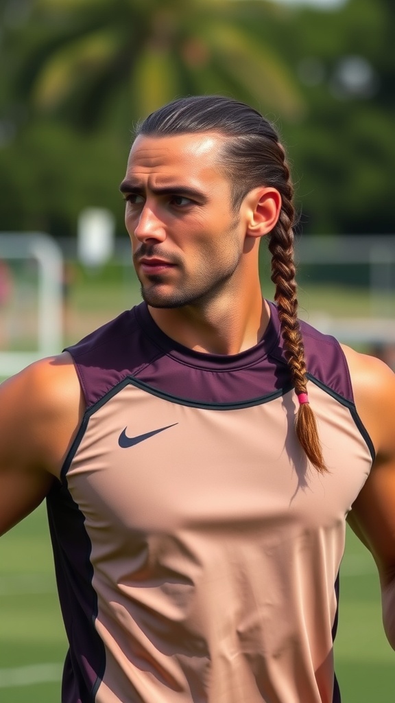 A man with a braided ponytail, wearing a sports top, showcasing a sporty hairstyle