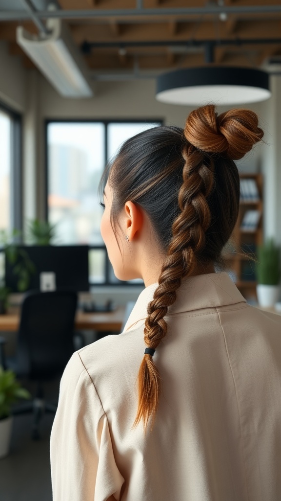 A woman with a braided ponytail and bun in a modern office setting.