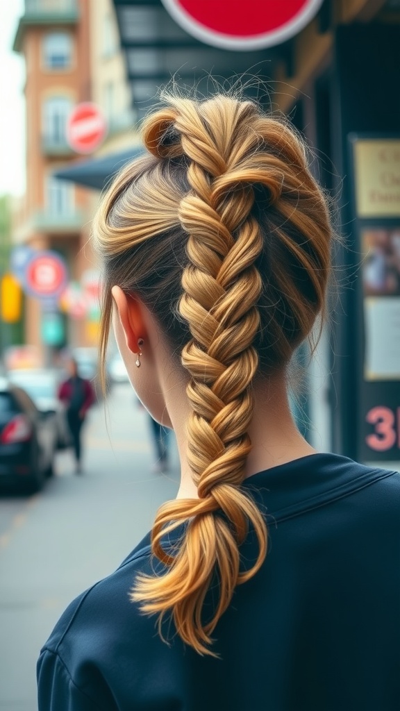 A woman with a braided ponytail twist hairstyle, showcasing a braid that starts from the top and flows into a ponytail.