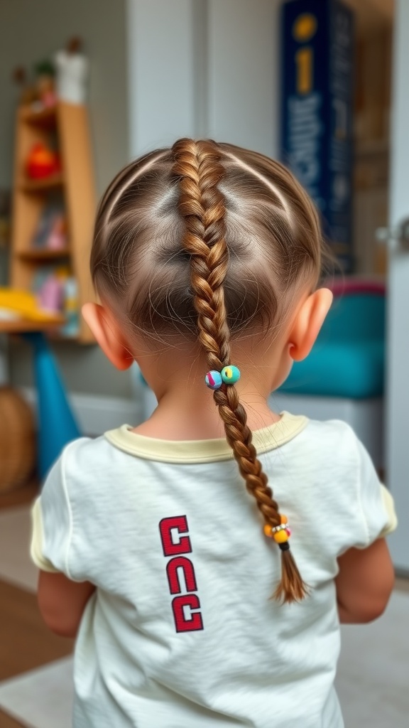 A toddler with a braided ponytail and colorful beads