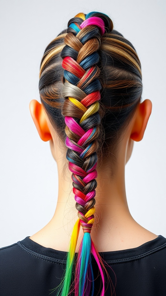 A woman with a colorful braided ponytail featuring shades of pink, blue, and yellow.