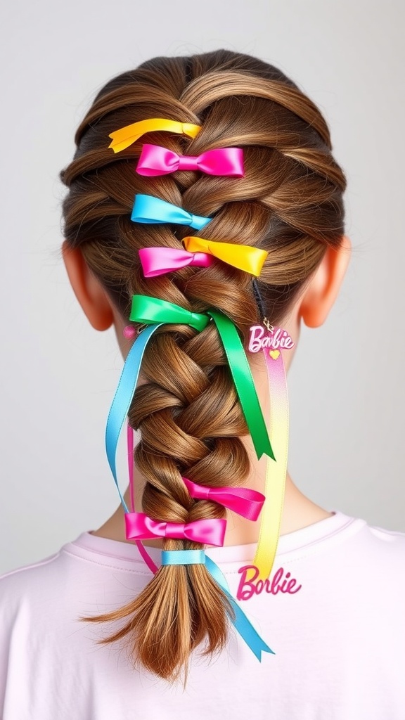 A colorful braided ponytail featuring bright ribbons in pink, blue, yellow, and green, styled on a model wearing a pink shirt.
