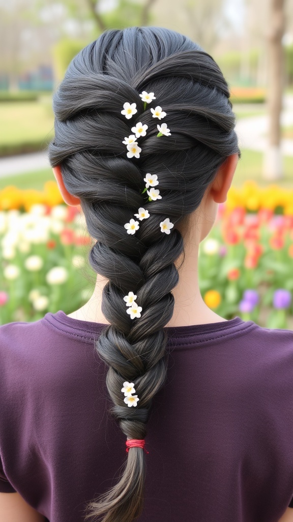 A braided ponytail adorned with small white flowers, set against a colorful flower garden backdrop.