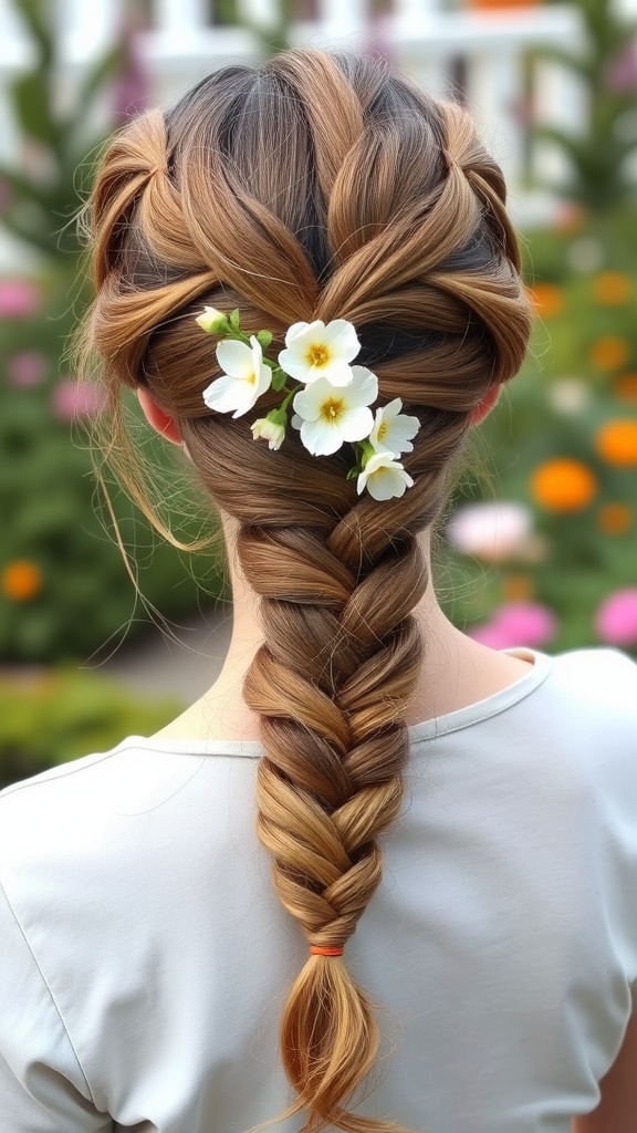 A beautiful braided ponytail hairstyle adorned with white flowers, showcasing intricate braiding and a sleek ponytail, set against a colorful floral background.