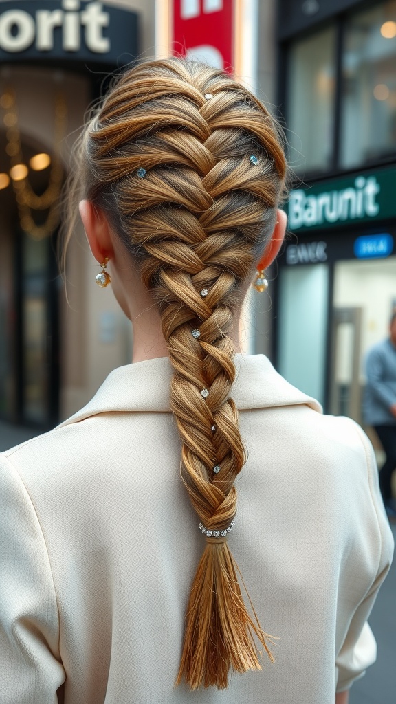 A woman with a braided ponytail decorated with sparkling accessories, showcasing a stylish hairstyle.